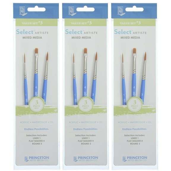 Princeton Select Artiste Brush Set No. 3, Synthetic Bristles, Short Handle Mixed Media Paintbrush, Jewel Blue, 3 Per Set, 3 Sets