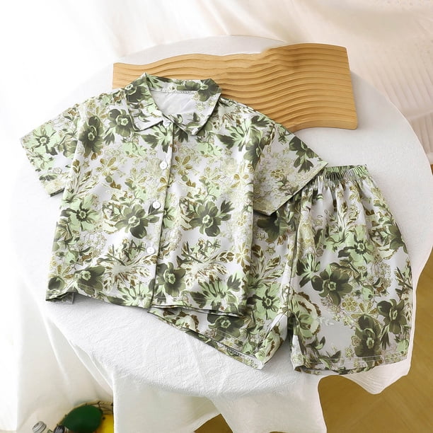 Conjuntos de solapa de manga corta para niños de verano, camisa de solapa de manga corta con estampado floral, top estilo playero informal + pantalones cortos sueltos con cintura elástica, conjunto de