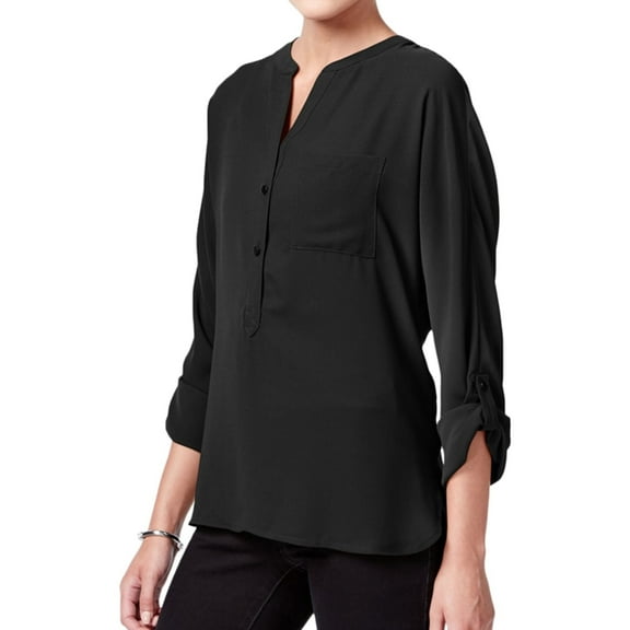 bar III Womens V-Neck Henley Blouse, Black, XX-Small