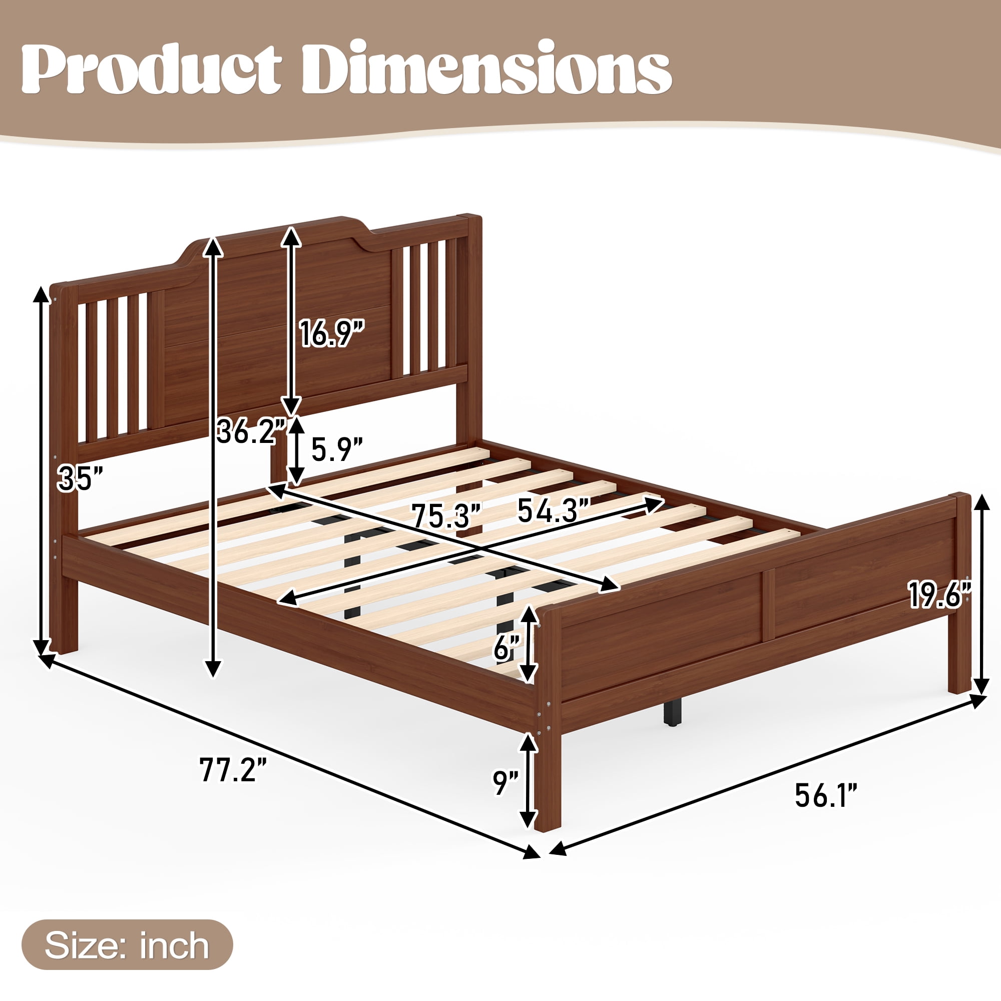 Leumius Full Size Platform Bed with Tall Headboard, Solid Wood Bed Frame with Support Slats for Bedroom,Guest Rooms, Apartments,Easy Assembly,Brown