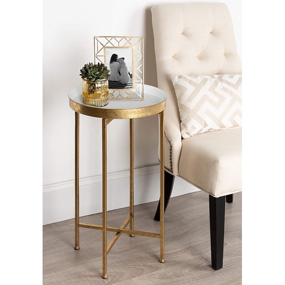 Celia Round Metal Foldable Tray Accent Table, White with Gold Base