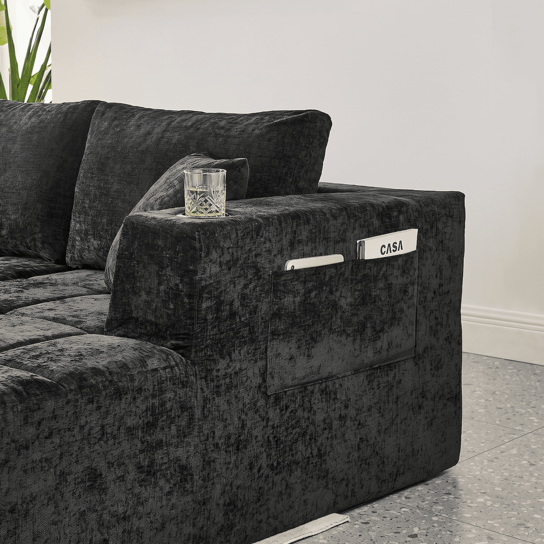 132" Modular Cloud Couch Sectional Sofa, U-Shaped Chenille Sectional with Double Chaise, Cup Holders & Side Pockets, Modern Oversized Sofa for Living Room, No Assembly, Black