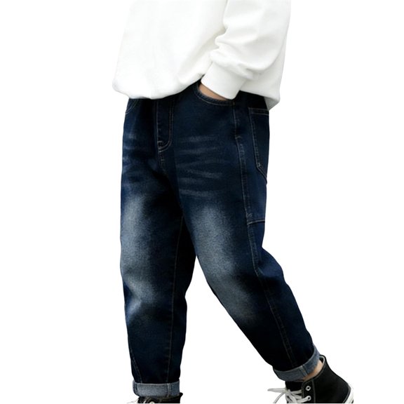 Afuyipoi Boys Elastic Waist Jeans Size 1-8 Solid Color 100% Denim Casual Long Pants for Kids School Daily Wear Blue Size 2T