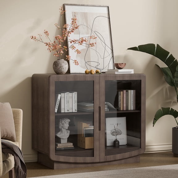TOPCOMFY 35-Inch Wood Storage Cabinet with Glass Doors Accent Sideboard Organizer Adjustable Shelves Large Capacity for Living Room Entryway Bedroom Natural