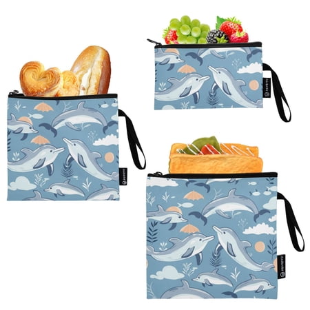Dailycode Reusable Ziploc Bags Leakproof Sandwich Snack Freezer Bags Dolphins Cloud Leaf 3 pack