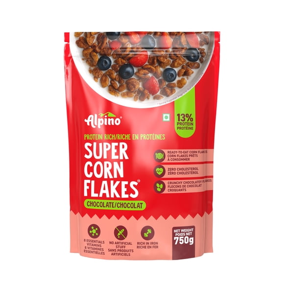 Alpino Flocons de Maïs Super Riches en Protéines Chocolat 750 g / Croquants / 13 % de Protéines / Riche en Fibres / Se Conserve à Température Ambiante / Pochette Refermable