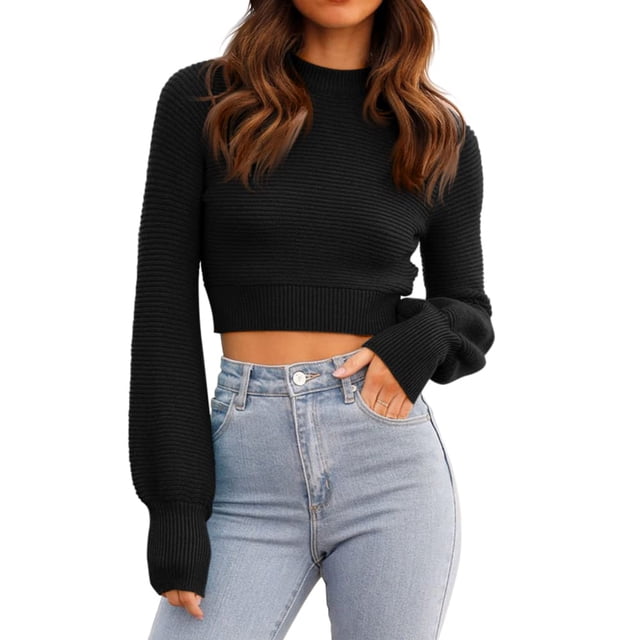 Jersey de punto para mujer, jersey sexy de corte corto con cuello redondo, sudadera de manga larga, jersey de punto elegante