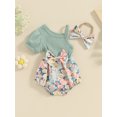 thumbnail image 2 of Bslissey Infant Girls Cute Summer Romper Baby Girl Short Sleeve One Shoulder Floral Print Patchwork Jumpsuit with Bow Headband 3M 6M 9M 12M Newborn Casual Bodysuit, 2 of 9