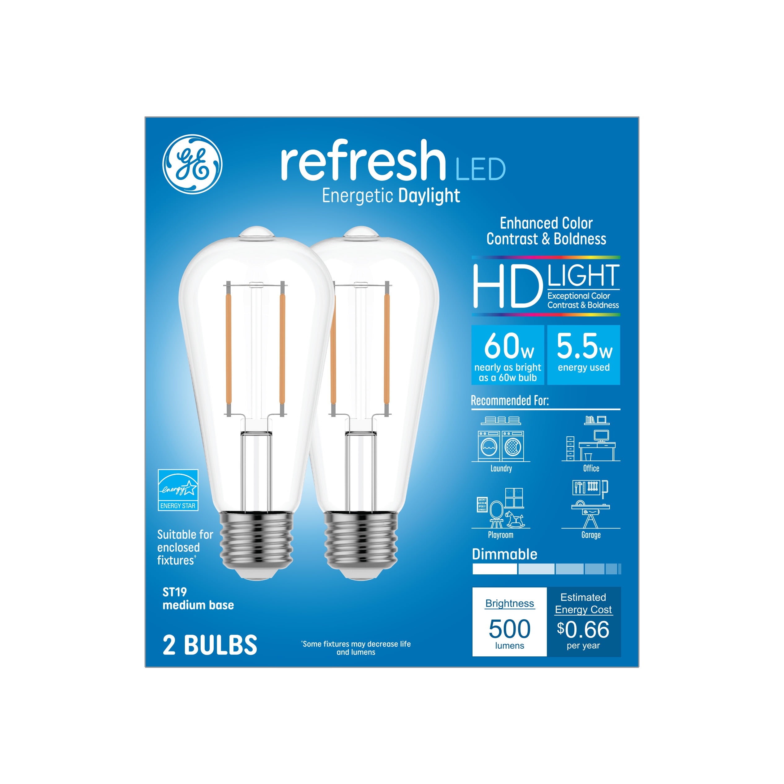GE Refresh LED Light Bulbs, Edison Style Bulb Shape, Daylight, 60 Watt Replacement, Medium Base, Dimmable (2 Pack)