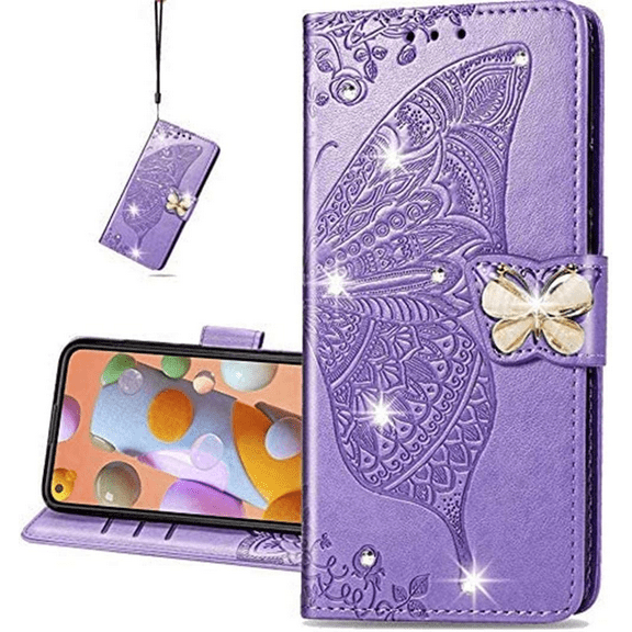OnePlus Nord N200 5G Flip Case, Mantto Bling Diamond Butterfly Embossed Flowers PU Leather Magnetic Flip Cover Stand Card Holders Hand Strap Wallet Purse Case for OnePlus Nord N200 5G, Lightpurple