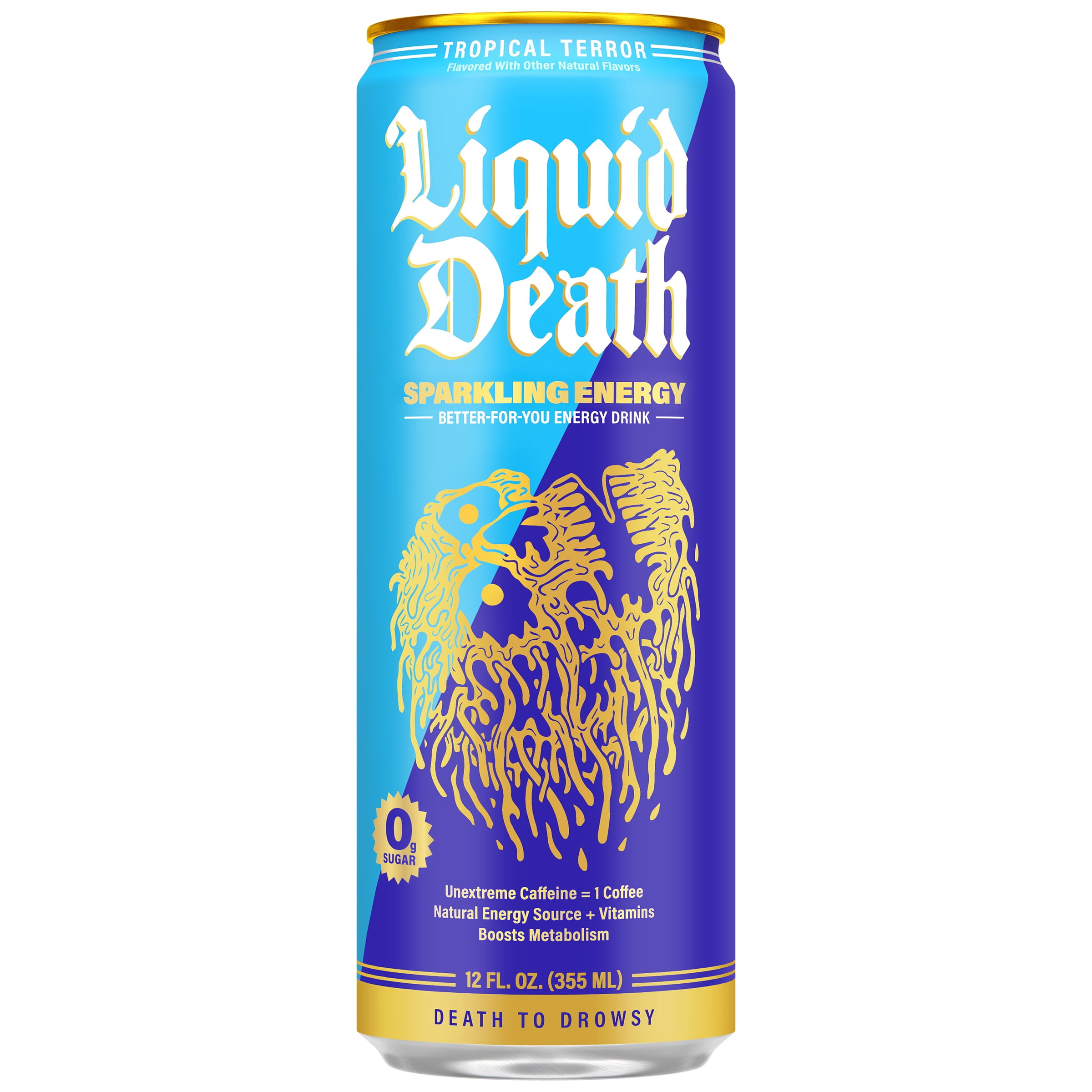 Liquid Death Sparkling Energy - Tropical Terror, Sugar-Free Energy Drink, Unextreme Caffeine 100mg, Essential Vitamins, 12 Fl Oz (Pack of 12)