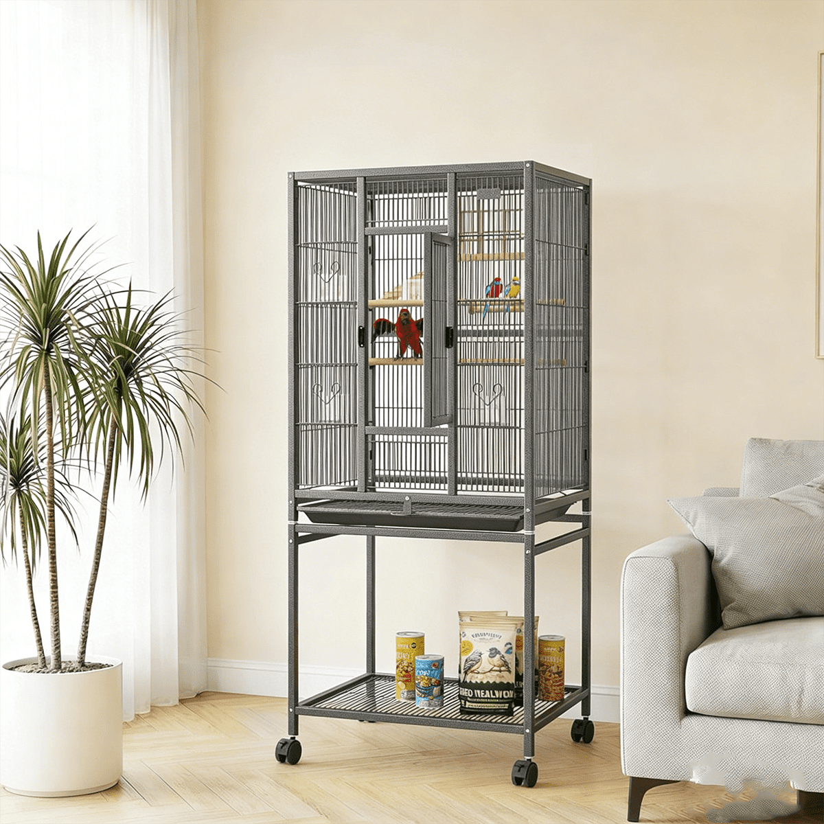 Winkalon 54" Wrought Iron Standing Large Parrot Parakeet Flight Bird Cage for Small Parrot Sun Parakeet Green Cheek Conure Lovebird Budgie Finch Canary Bird Cage with Stand