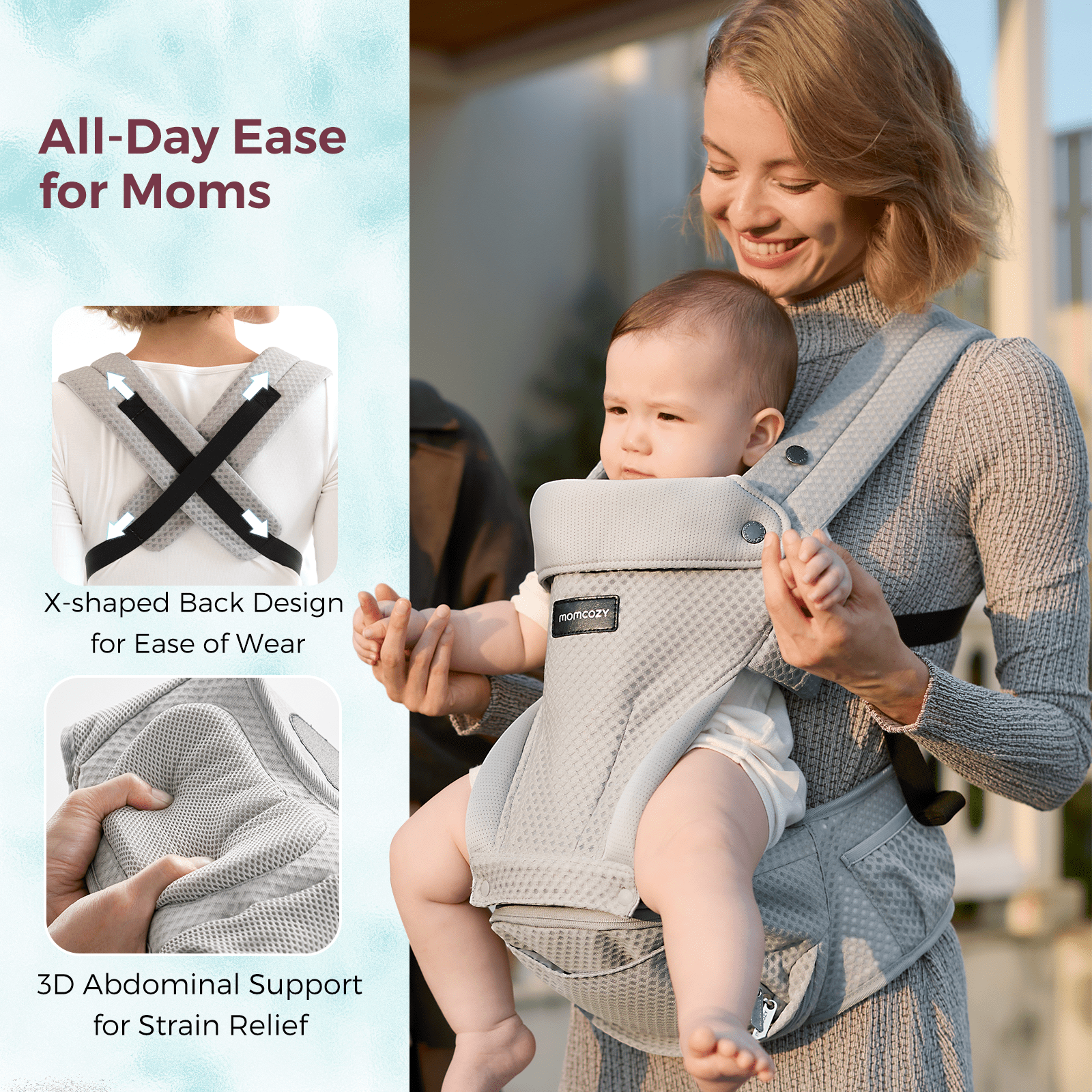 Momcozy Baby Carrier with Hip Seat, 2-in-1 Detachable Infant Hip Seat Carrier for Toddlers up to 44lbs. Breathable for Hands-Free Carrying. Fits Waist Sizes up to 47 Inches for Mom & Dad