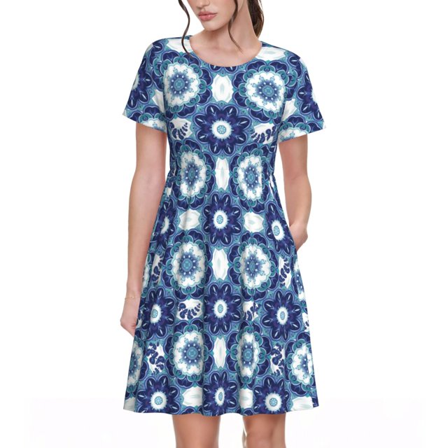 Disketp Vintage Blue para Vestido de Manga Corta para Mujeres, Vestidos de Verano para Mujeres, Casual y Holgado para la Playa