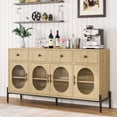thumbnail image 2 of Buffet Bahut Style Ferme Moderne – 62 Pouces – 4 Portes en Acrylique, 3 Tiroirs, Tablettes Ajustables, Console de Rangement Spacieuse pour Salle à Manger, Cuisine, Bar à Café – Couleur Bois Naturel, 2 of 8