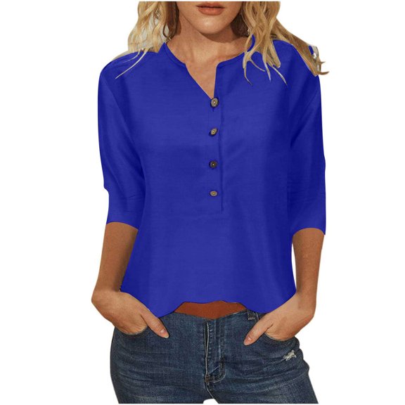 Htigea Women Henley T-Shirts 3/4 Sleeve V Neck Buttons Tops Casual Tunic Tee Solid Color Loose Pullover Tee Dark Blue,2XL