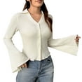 thumbnail image 2 of Craaazy Shirts For Women Turndown Collar Solid Color Button Down Tops V-Neck Trendy Crop Blouses Gifts For Women, 2 of 5
