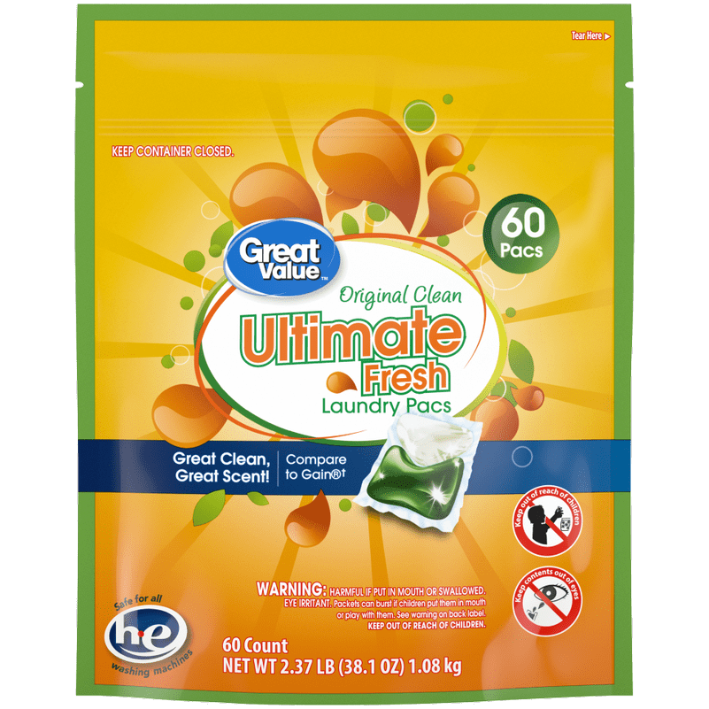 Great Value Ultimate Fresh Laundry Pacs, Original Clean, 60 Count