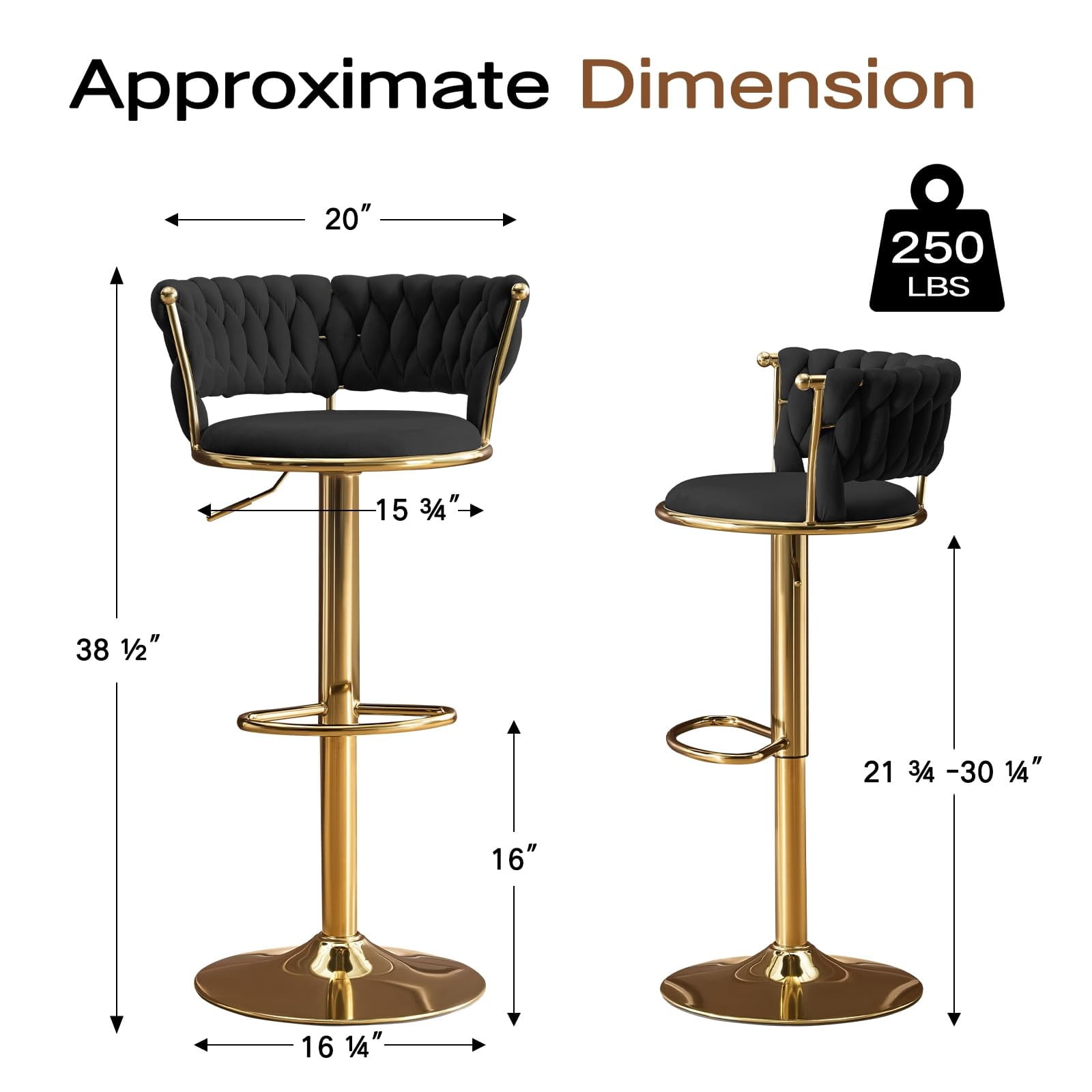 Set of 2 360° Swivel Velvet Bar Stools, Adjustable Counter Height Bar Chairs with Gold Metal Base & Low Back, Modern Kitchen Island Barstools for Dining Room & Pub, Black