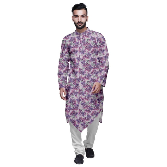 Atasi Kurta à Manches Imprimées pour Hommes Col Mandarin Kurta Ethnique pour Garçons Gris Pâle