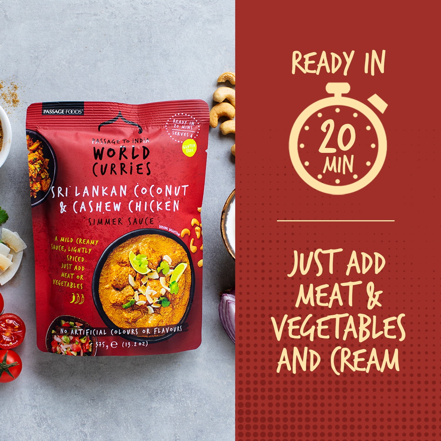 (6 pack) Passage to India Sri Lankan Coconut & Cashew Chicken Simmer Sauce, Mild Coconut Curry Sauce, Gluten-Free, Serves 4, 13.2 oz