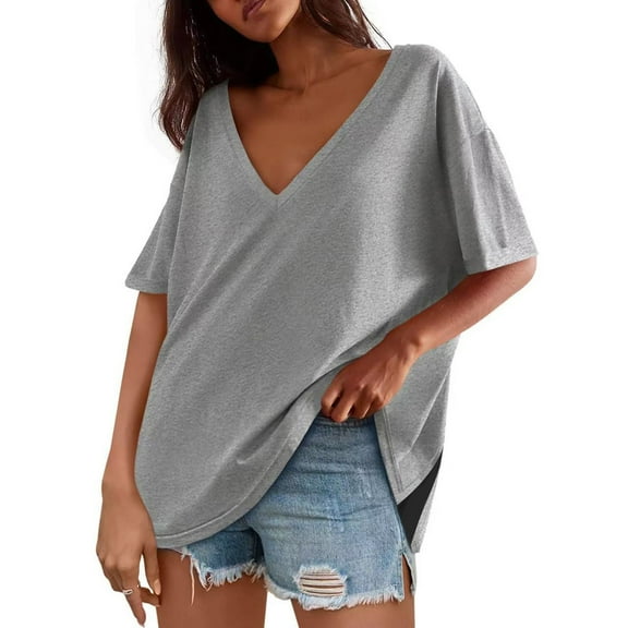 ClodeEU Womens Oversized Tshirts,V Neck Short Sleeve Tops,Casual Loose Fit Tunic Tee Shirts Gray,Womens Plus M