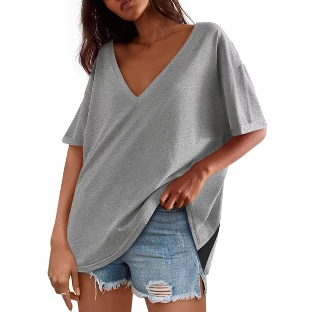 Camisetas para mujer,Blusa tipo túnica de manga corta con cuello en V para mujer, corte holgado, mezcla de poliéster y elastano, ropa informal, sopatenor
