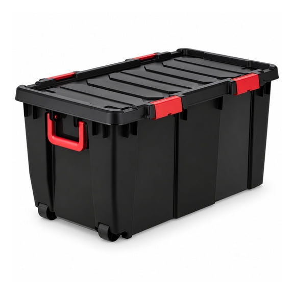Heavy Duty 32 Gallon Rolling Storage Totes with Lids, 2-Pack, Black and Red