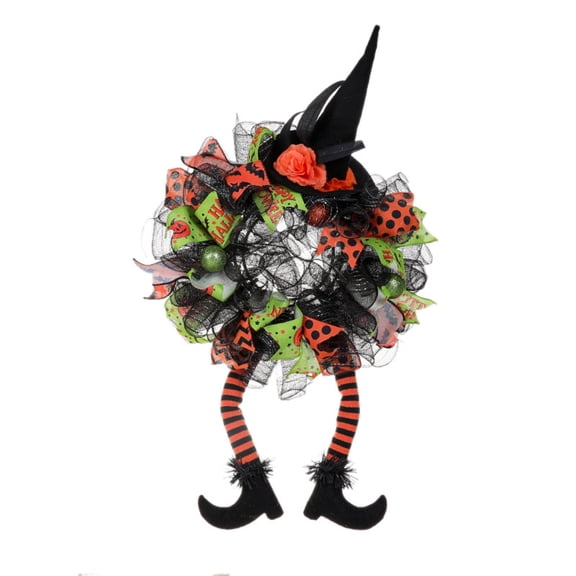 Halloween Witch Wreath Door Decoration with Hat and Legs Handmade Mesh for Home Office Indoor Outdoor Spooky Party Decor Vibrant Black Orange Green Ribbons Unique Holiday Front Door Hanging,Light