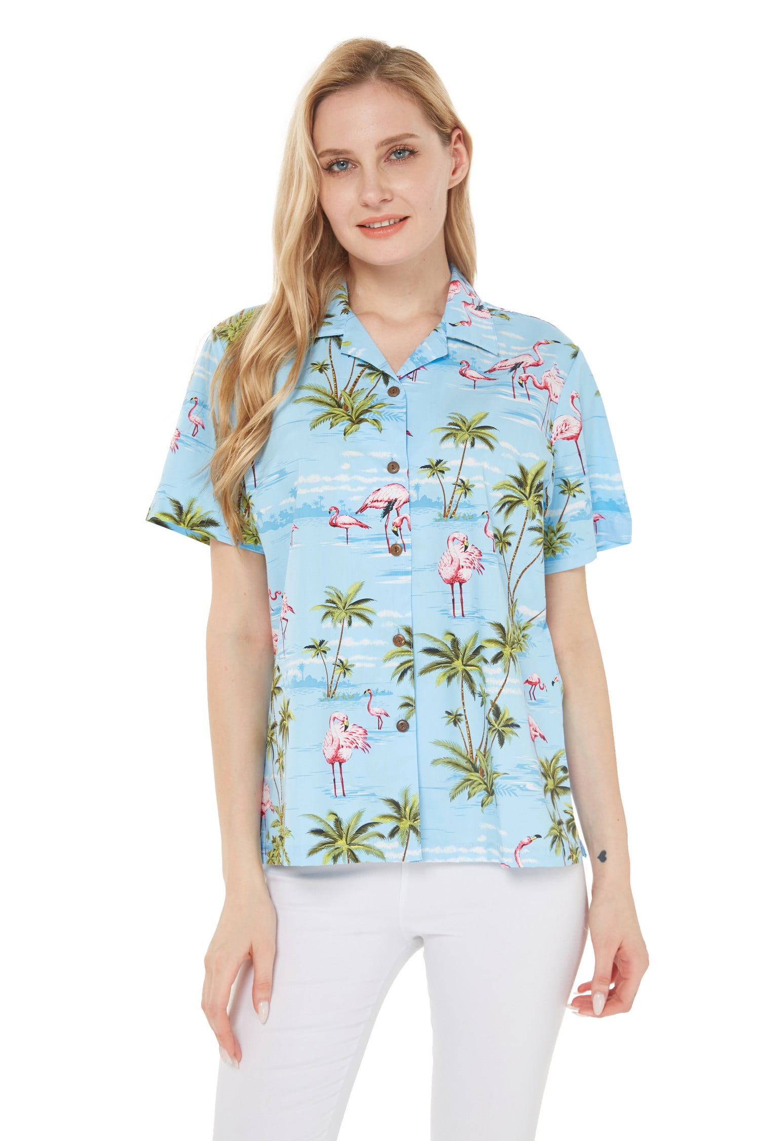Made in Hawaii Women's Hawaiian Lady Aloha Shirt in Pink Flamingo Palm ...