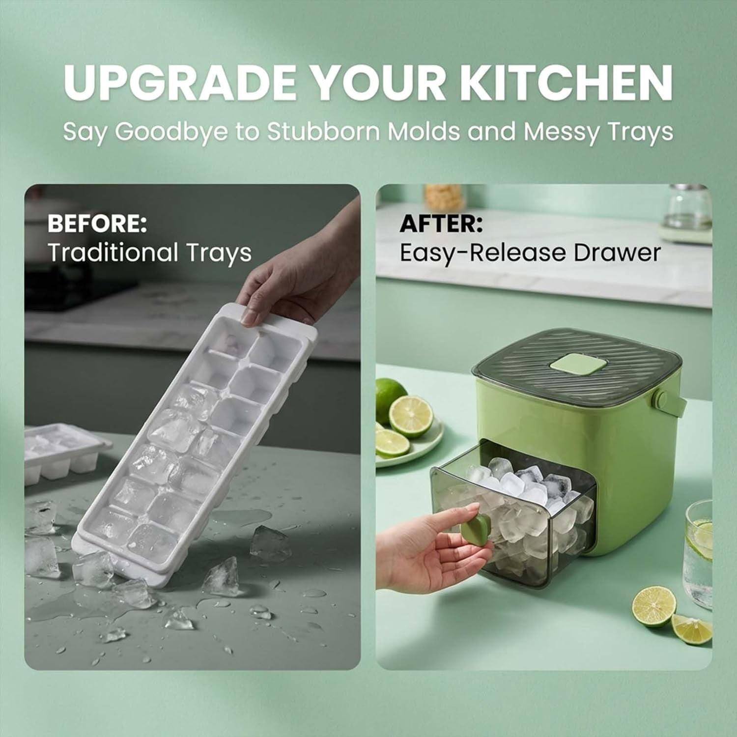 Ice Cube Tray with Lid and Bin, 48-Cube Press Ice Maker with Storage Box, Double Layer Handled, Easy Release Ice Tray with Drawer and Ice Tongs for Freezer, Whiskey, Cocktail, Beer, Coffee (White)