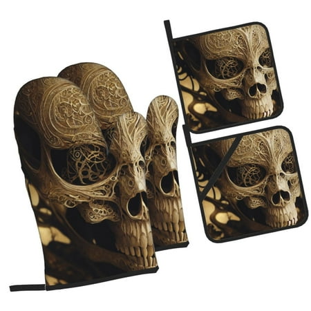 

ZICANCN Oven Mitts and Pot Holders Sets Horror Skull Skeleton Baking Sets Kitchen Heat Resistant 4 Pieces