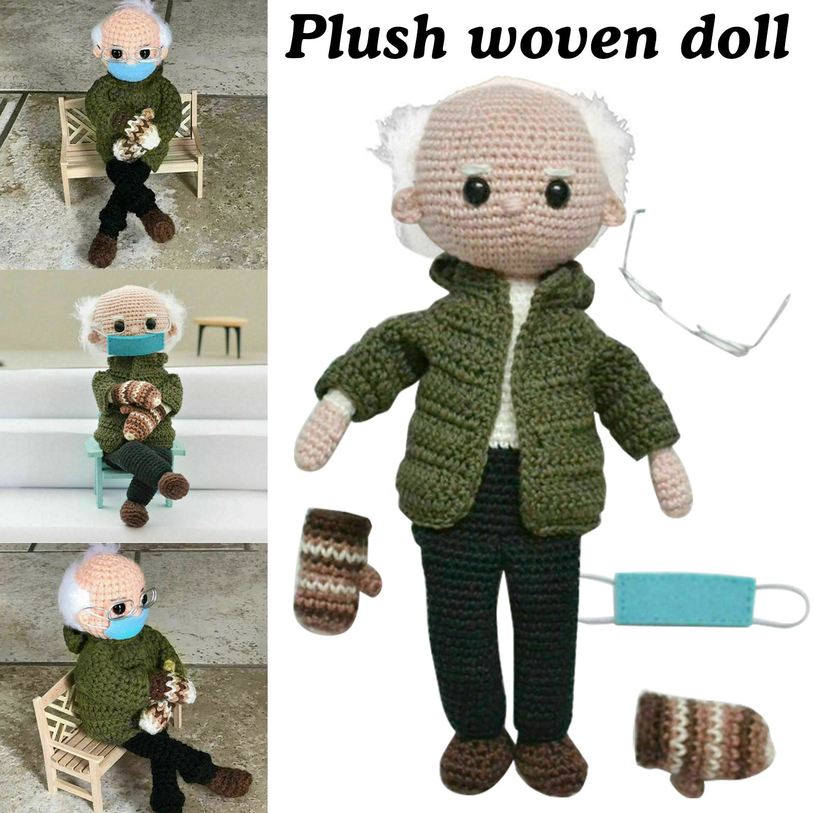 Bernie Sanders Mittens Doll Crochet Knitted Plush Toy Stuffed Figure Doll Gift 
