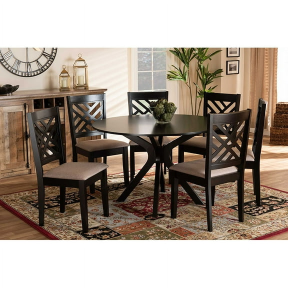 Baxton Studio Norah Modern and Contemporary Sand Fabric Upholstered and Dark Brown Finished Wood 7-Piece Dining Set