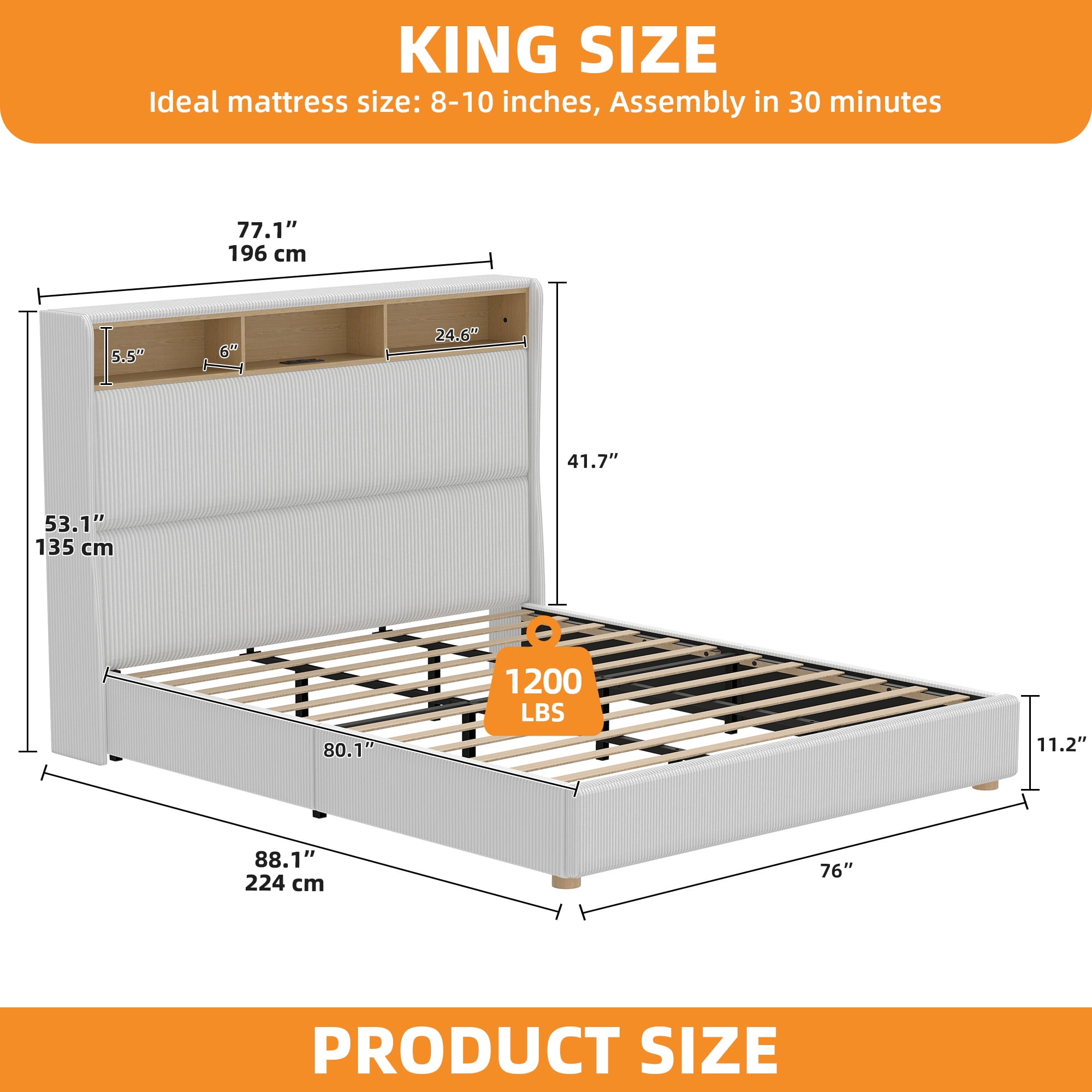 Craftian King Size Upholstered Bed Frame with LED Lights & Charging Station, Platform Bed Frame with Tall Headboard, White