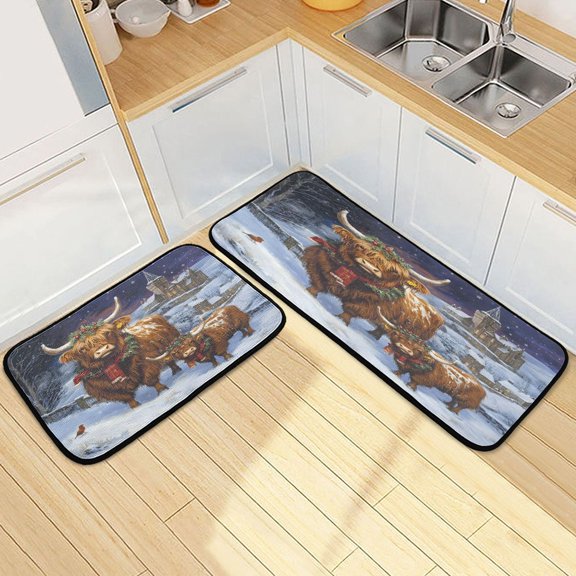 Ryvnso Highland Cattle Christmas Kitchen Rugs Set Non Slip Runner Mats for Dining Room