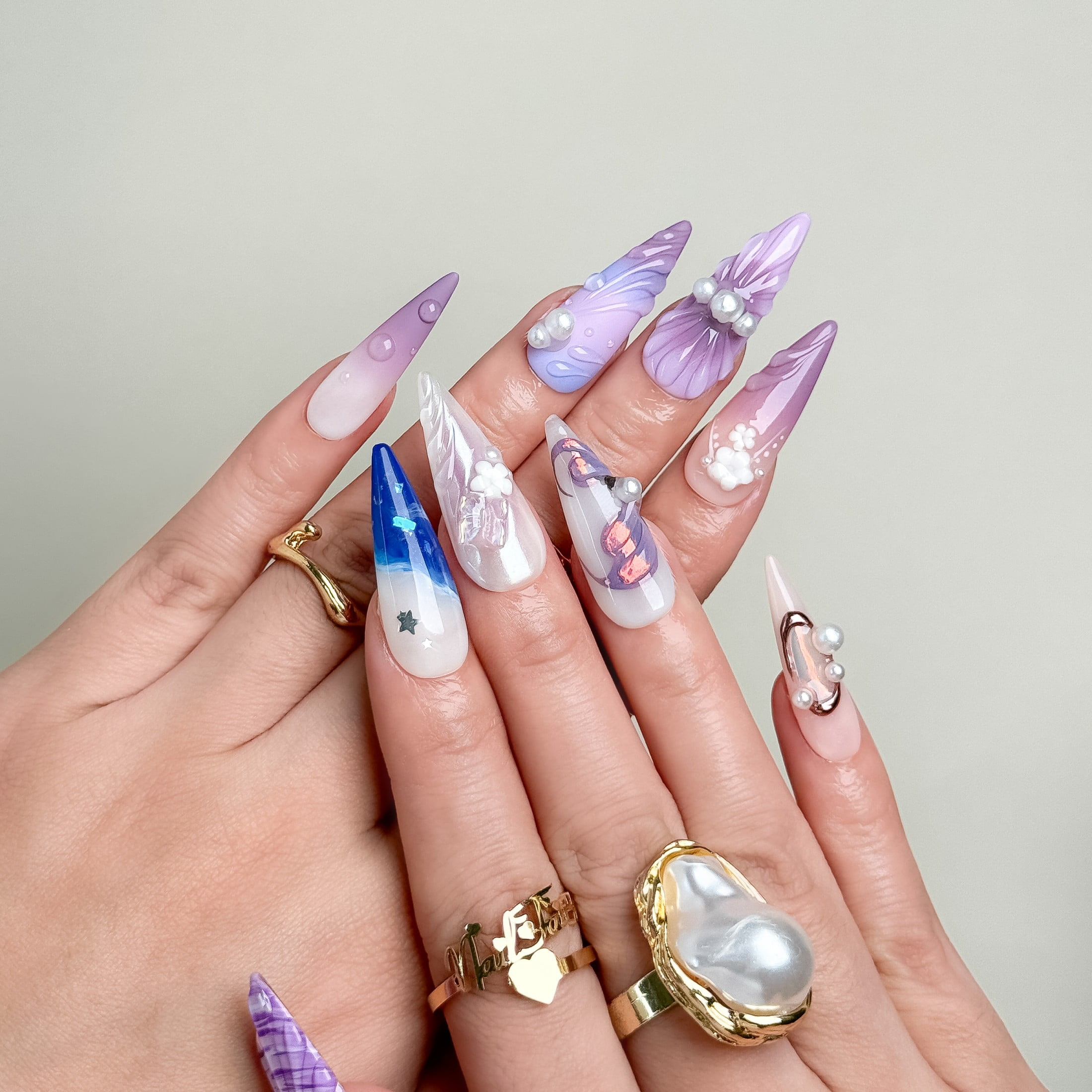 Nail Fairy Mermaid Dream Press-On Nails – Long Stiletto 3D Pearl & Shell Nail Set with Free Tool Kit