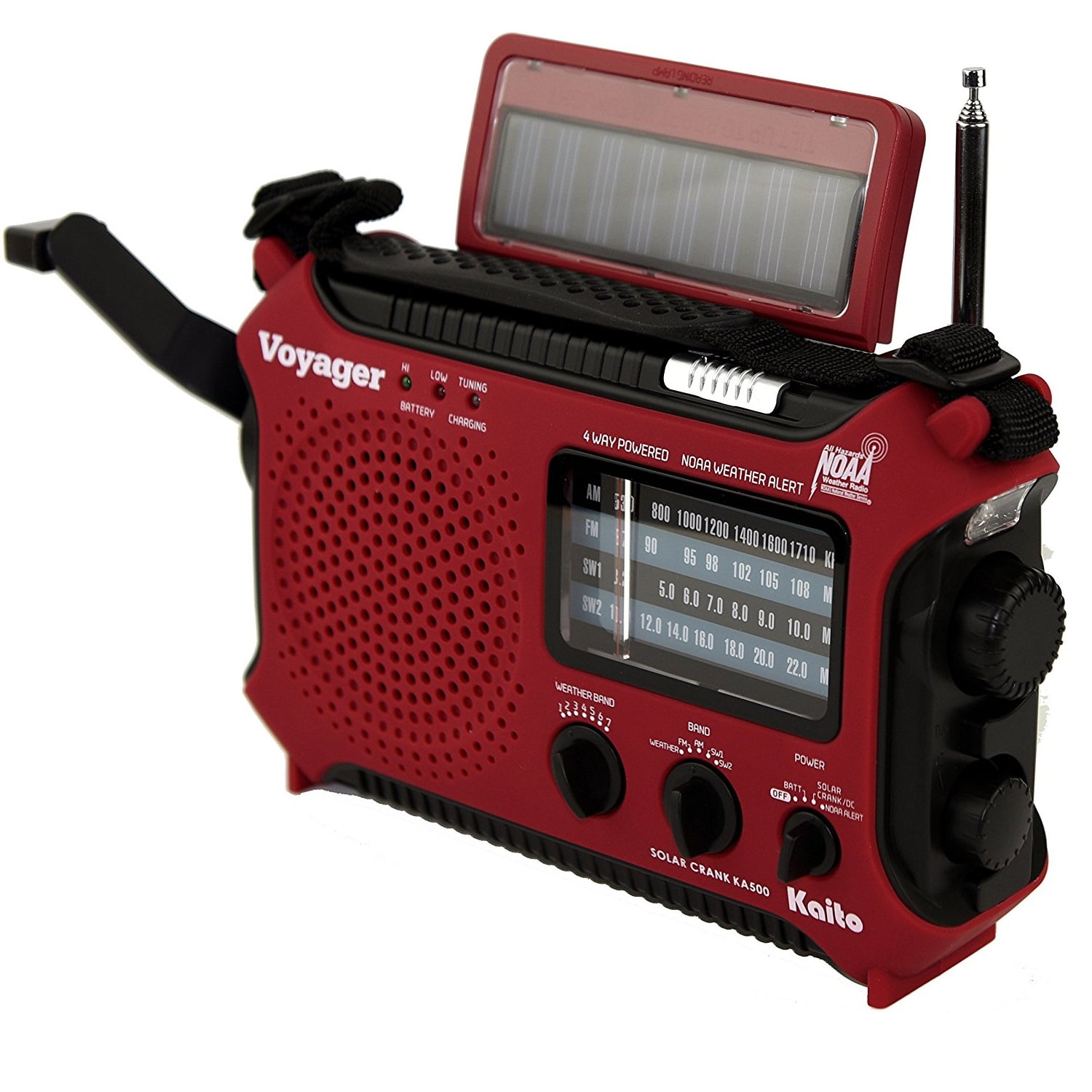 Kaito KA500 Voyager 5-way Powered Emergency AM/FM/SW NOAA Weather Alert Radio with Solar Dynamo Crank Flashlight and Reading Lamp - Red