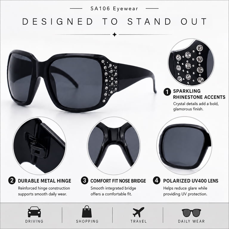 SA106 Polarized Lens Oversize Sunglasses with Rhinestone  display picture 3