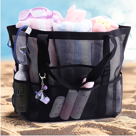 Black Large  Canvas Beach Tote Bag with Adjustable Shoulder Strap, 9 Pockets Sandproof Mesh Shoulder Bag, Foldable Portable Reusable Handbag, Multifunctional Summer Essentials for Beach, Swimming, Gy