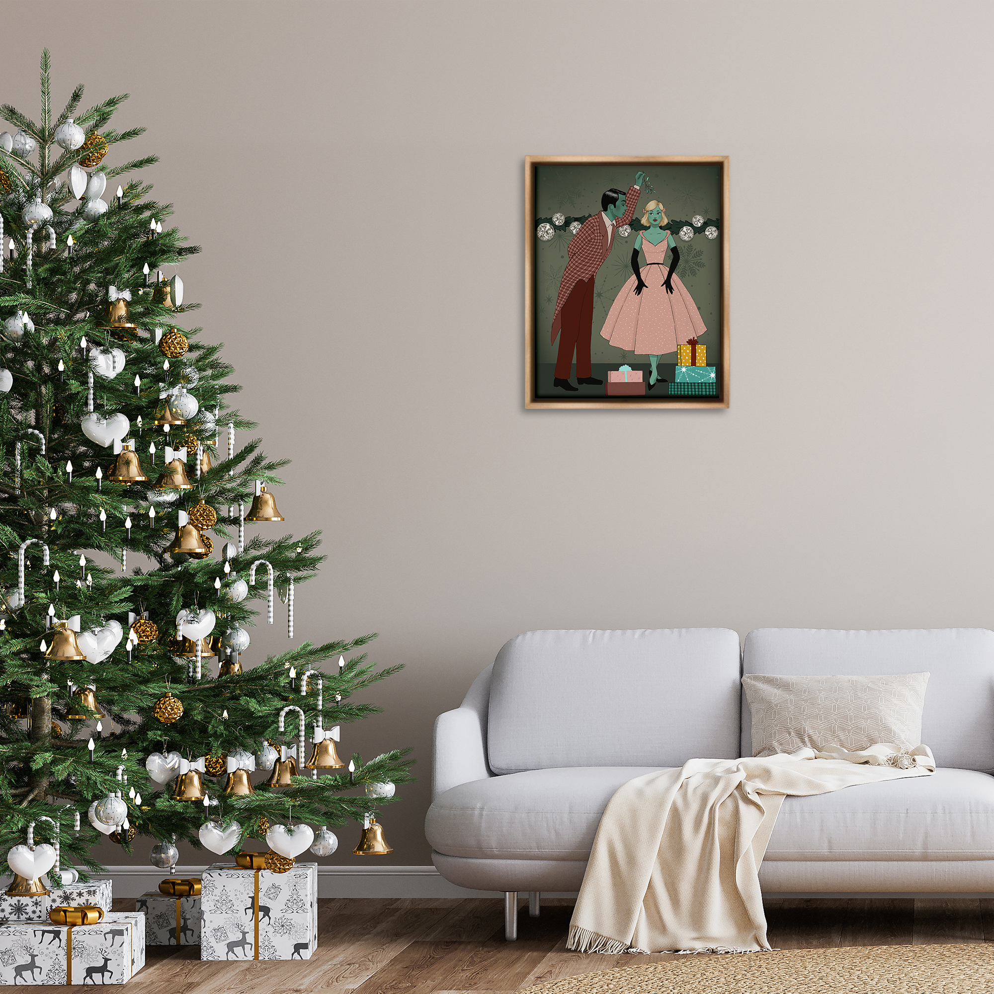 Stupell Industries Romantic Christmas Kiss Holiday Painting Brown Floater Framed Art Print Wall Art, 25 x 31