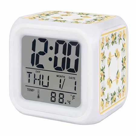 Lemon Yellow Digital Alarm Clock for Bedrooms,Smart LED Alarm Clock with 7 Color Night Light,Modern Country Flower Floral Summer Spring Silent Wake Up Clocks for Sleep Study Cooking 3.2x3.2