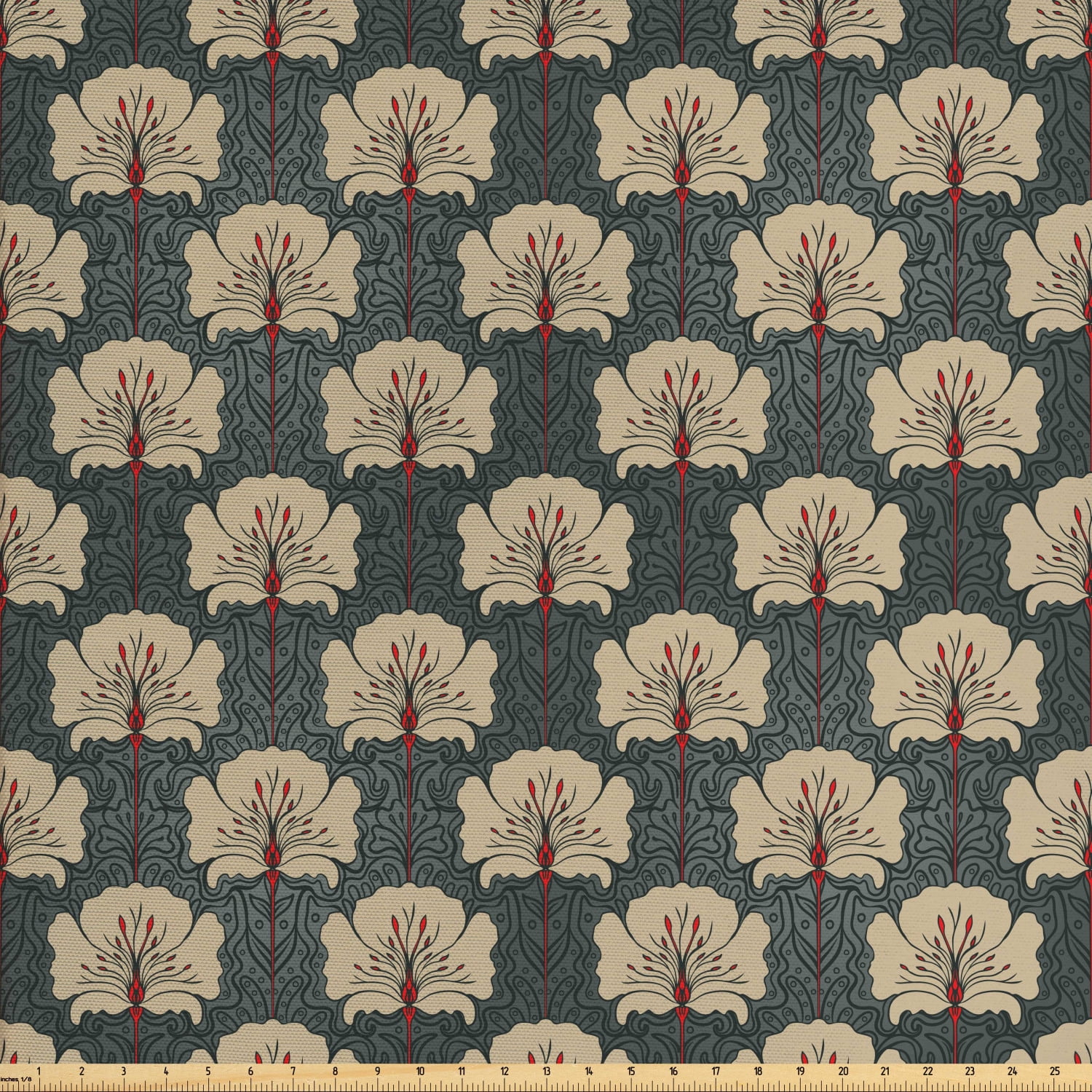 Floral Fabric by The Yard, Art Nouveau Style Romantic Poppy Flowers and