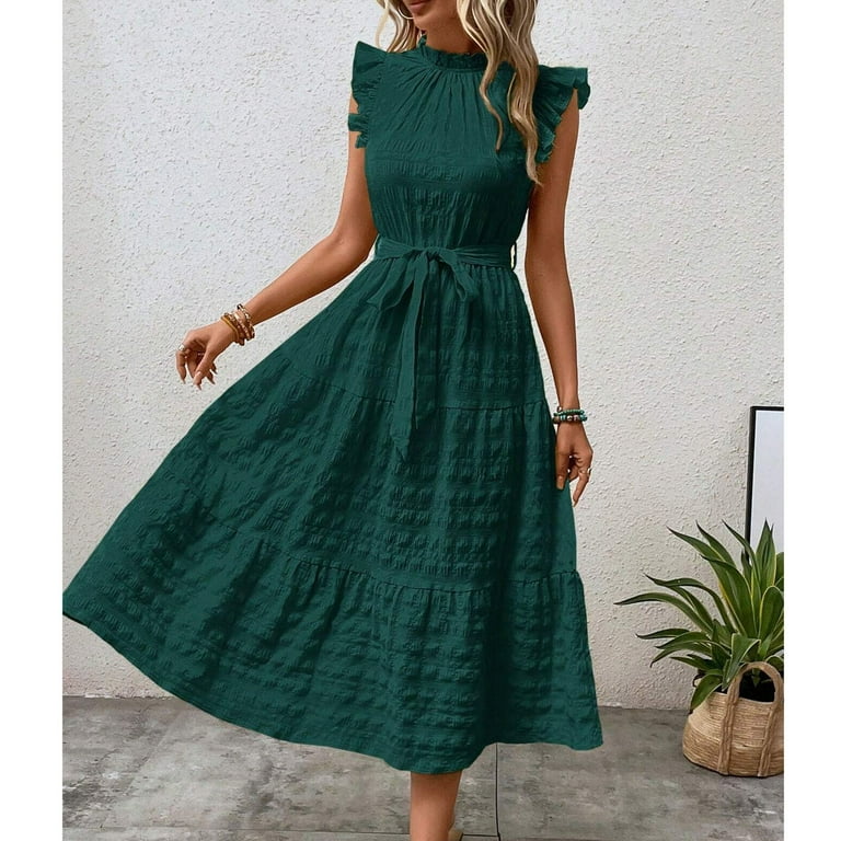 RYRJJ Women's Summer Dresses Casual Ruffle Cap Sleeve Frill Mock Neck High  Waist Tiered Boho Beach Flowy Maxi Dress with Belt(Green,XL) - Walmart.com