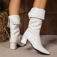 thumbnail image 6 of UngA Women Mid Calf Boots Chunky Low Heel Riding Booties Motorcycle Biker Round Toe Fashion Buckle Western Booties Trendy Stylish Boots Women White,Size 9.5, 6 of 7
