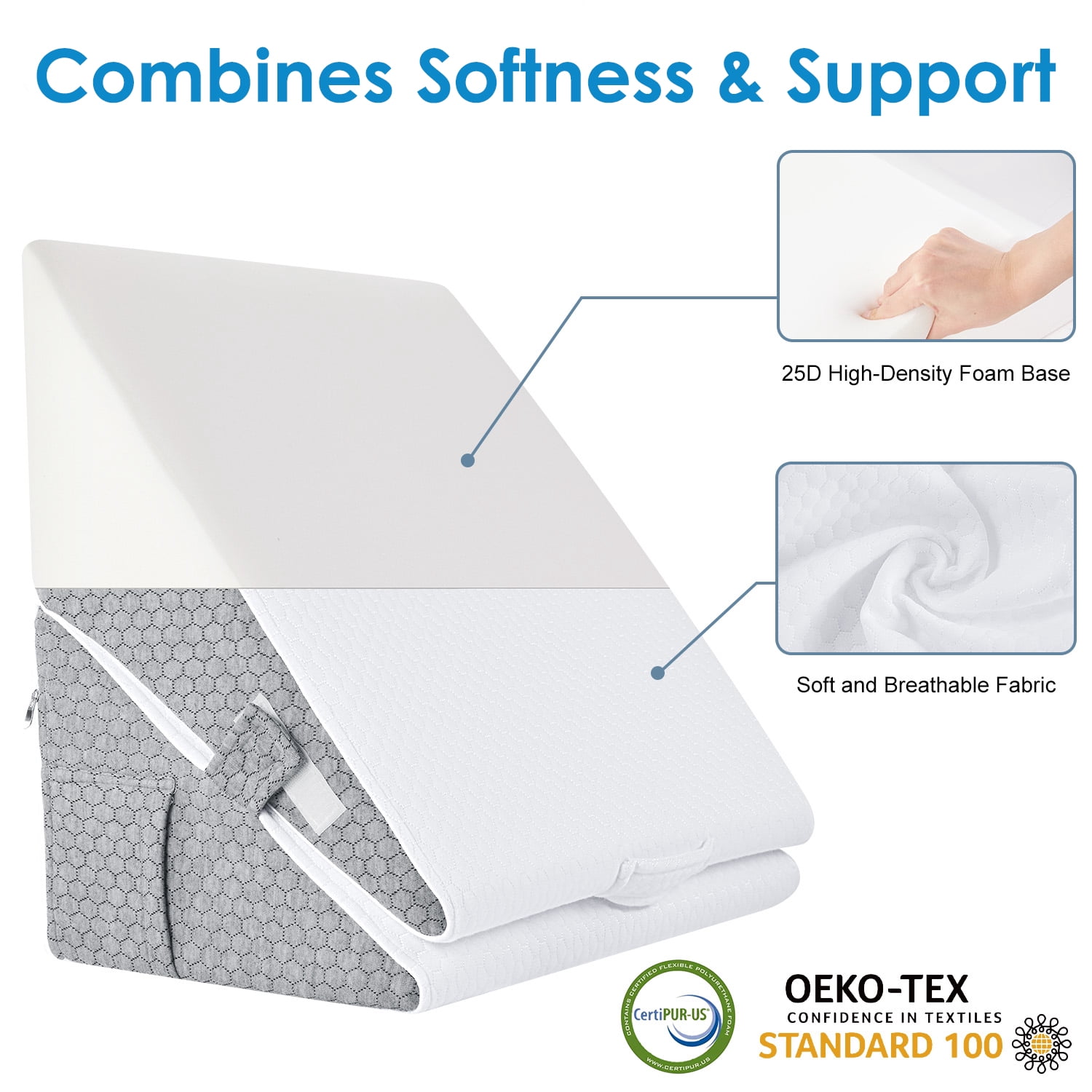WANALIT Wedge Pillow for Sleep Apnea, Adjustable Wedge Pillow Headboard, Bed Wedge Pillow for Acid Reflux and Back Pain Relief, Pillow Wedge for Sleeping with Neck Support Pillow, White & Grey