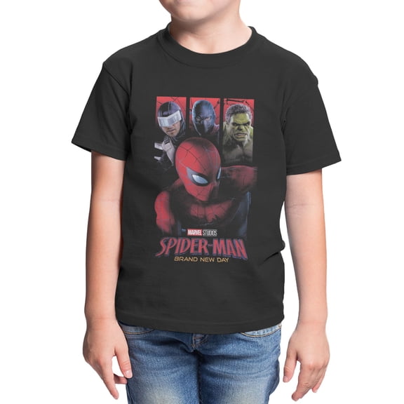 Marvel Spider-Man Brand New Day Youth Action Pose Web Distressed T-Shirt (Black, XS-XL)