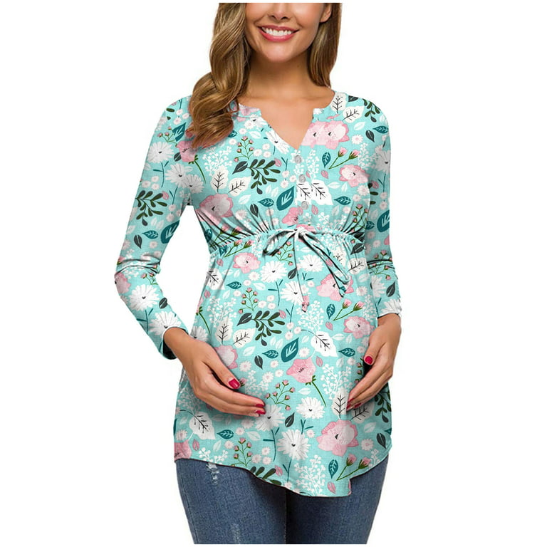 Pregnant Mom Gifts Women Fashion Flowers Leaf Print Long Sleeve Waistband  Maternity Breastfeeding Clothes Top