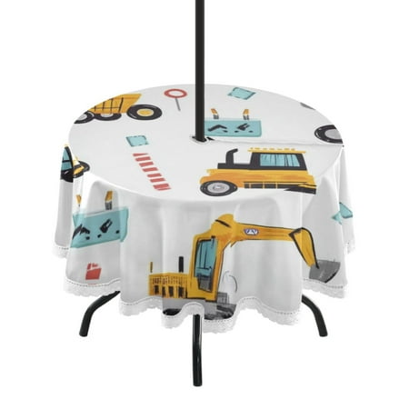 

60 Outdoor Round Tablecloth with Umbrella Hole & White Lace Trim Waterproof Patio Table Cover for Garden Kitchen Dining Construction Trucks and Excavators
