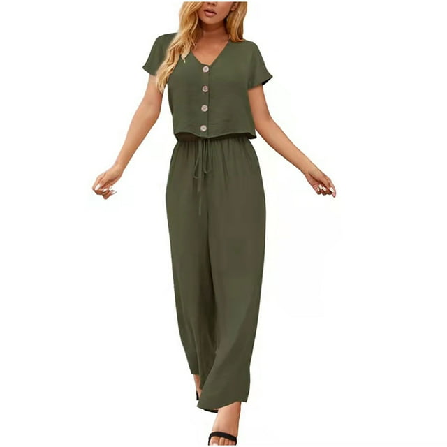 Womens Summer Lounge Matching Sets Short Sleeve Button V Neck Tops Drawstring Wide Leg Pants Casual Cotton Linen Sets